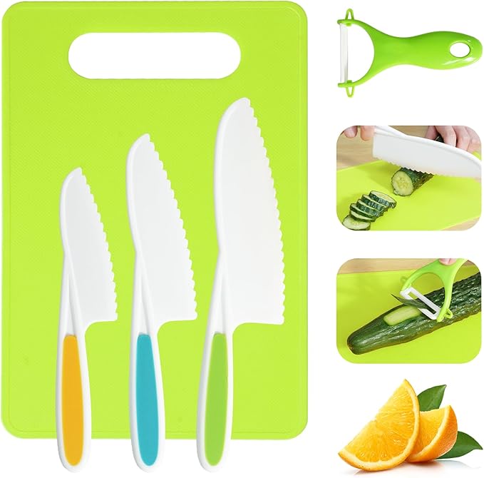 Kids Knife Set, 5 Pcs Montessori Kitchen Tools for Toddlers' Real Cooking, BPA Free Kids Safe Kitchen Cooking and Baking Set with Peeler, Cutting Board for Sandwich Bread Vegetable Fruit Present Gift