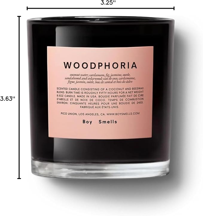 Boy Smells - Woodphoria Scented Candles for Men and Women - 8.5 oz - Soy, Coconut Wax Candle Blend - Aromatic Candles for Home with Fig, Sandalwood and Jasmine - 50-Hour Burn - Cotton Wick