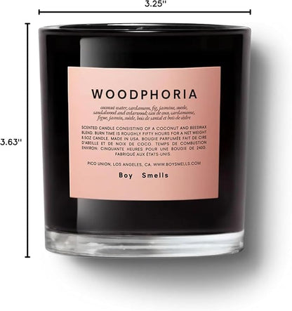 Boy Smells - Woodphoria Scented Candles for Men and Women - 8.5 oz - Soy, Coconut Wax Candle Blend - Aromatic Candles for Home with Fig, Sandalwood and Jasmine - 50-Hour Burn - Cotton Wick