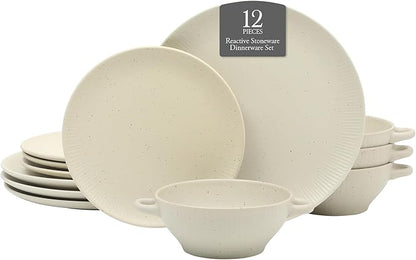 Gibson Elite Clover Hill 12-Piece Stoneware Dinnerware Set – White Cream Embossed Plates and Bowls with Matte Speckled Reactive Glaze, Service for 4 – Microwave & Dishwasher Safe