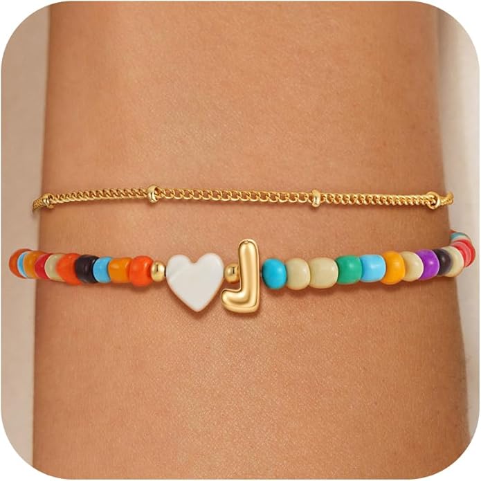 Colorful Initial Bracelets for Women Girls - 14K Gold Plated Heart Initial Letter Daint A-Z Charm Bracelet Summer Jewelry Teen Girl Gifts for Teen Kids