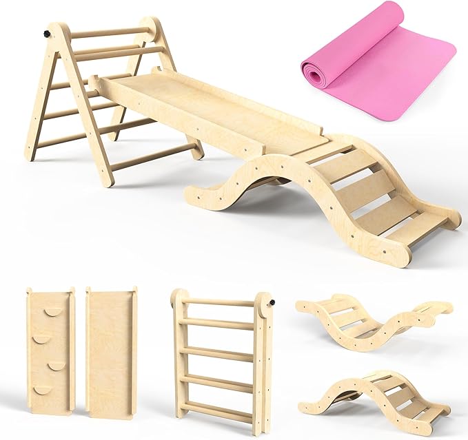 Pikler Triangle Set 7in1 Toddler Climbing Toys Indoor Foldable Baby Climbing Toys Wooden Montessori Climbing Set with Arch, Ramp, Ladder for 1-3 Years, Jungle Gym for Kids (Natural)