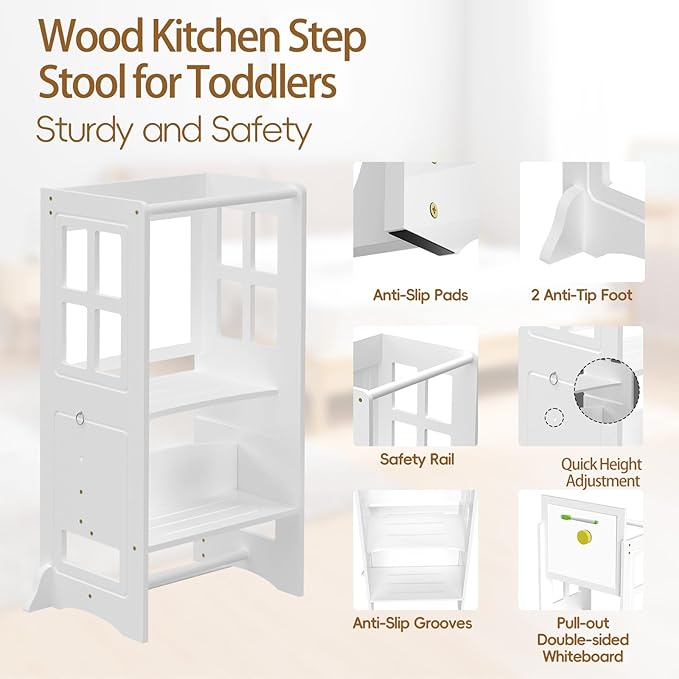 4 in 1 Toddler Kitchen Stool Helper Tower, Adjustable-Height Toddler Step Stool with Double-Sided Whiteboard, Anti-Slip Protection, Kids Learning Standing Tower for Kitchen Counter Bathroom Sink