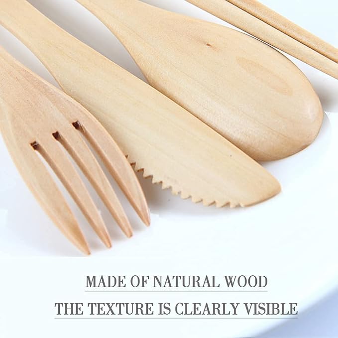 Wooden Cutlery Set Portable, Wooden Flatware, 4 Piece Pack of Wooden Utensils