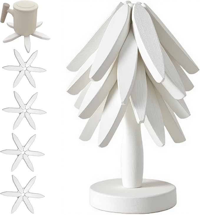 Wooden Trivets for Hot Dishes, Tree Shape Trivet Set, 4 Walnut Wood + 1 Stand stored Like a Christmas Tree,Foldable Kitchen Wooden Trivet,for Hot Dishes、Pot、Bowl、Teapot、Hot Pot Holder (White)