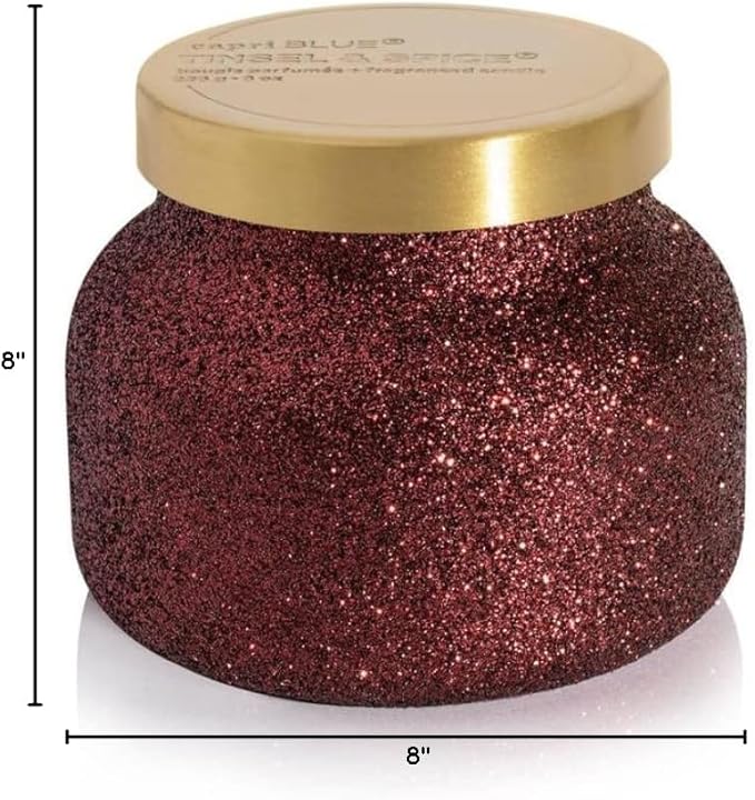 Capri Blue Tinsel & Spice Holiday Candle - Petite Glam Jar Candle - Juniper Berry, Cinnamon & Vanilla Scented Candles - Soy Wax Blend - Christmas Decor - Red Candles with Maroon Glitter Design (8 oz)