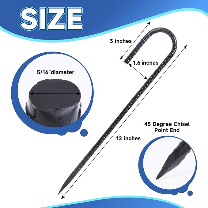 Rebar Stakes 12 inches 34-Pack Ground Stakes Heavy Duty J Hook Tent Stakes for Outdoor Decorations and Inflatables, Metal Yard Stakes for Fencing and Gardening, Gazebo and Swing Set Anchors
