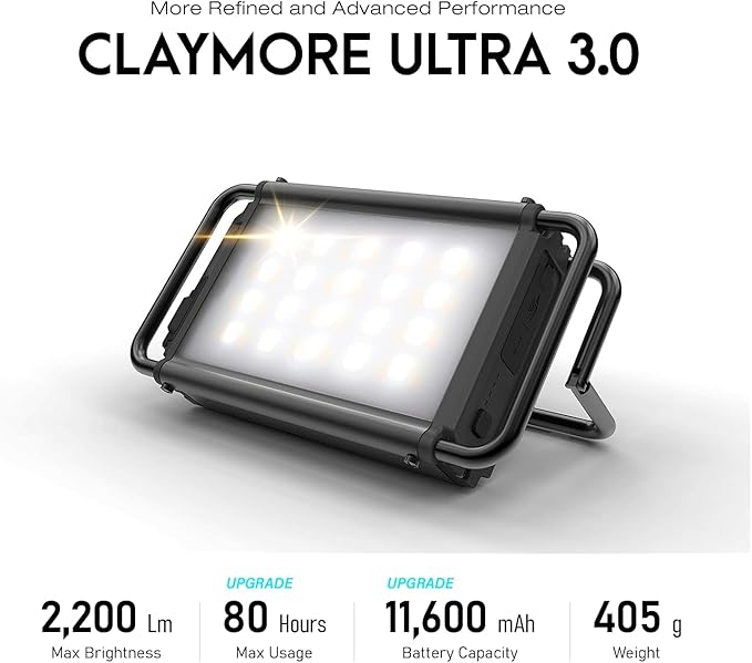 CLAYMORE Ultra 3.0 (Medium) - USB-C Rechargeable Outdoor Portable Area Light, 3 Color Modes, 40 to 2,200 Lumens, 11,600mAh Battery. Ideal for Camping, Fishing, Backpacking, and Construction.