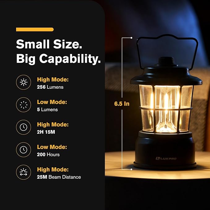 LUXPRO Retro LED Lantern - Battery-Powered Emergency Lantern - Water Resistant - Bright LED Lamp for Indoor & Outdoor Use - Use for Tents, Hiking or Hurricane Prep (Blac, Pack of 1)