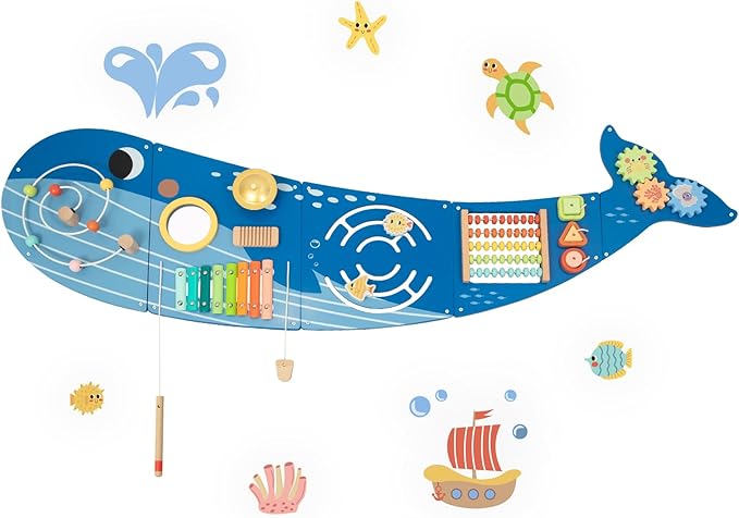 OOOK Whale Wall Busy Board Panel, Montessori Sensory Toy, Toddler Learning Activity Center, Toddler Learning Activity Center, Interactive Toys, Wooden Sensory Wall Develops Kids Skills in All Aspects