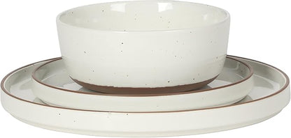 Gibson Elite Northrock Stoneware Dinnerware Set, 16-Piece Service for 4 Plates and Bowls Set – White Dishes with Hand-Painted Terracotta Base