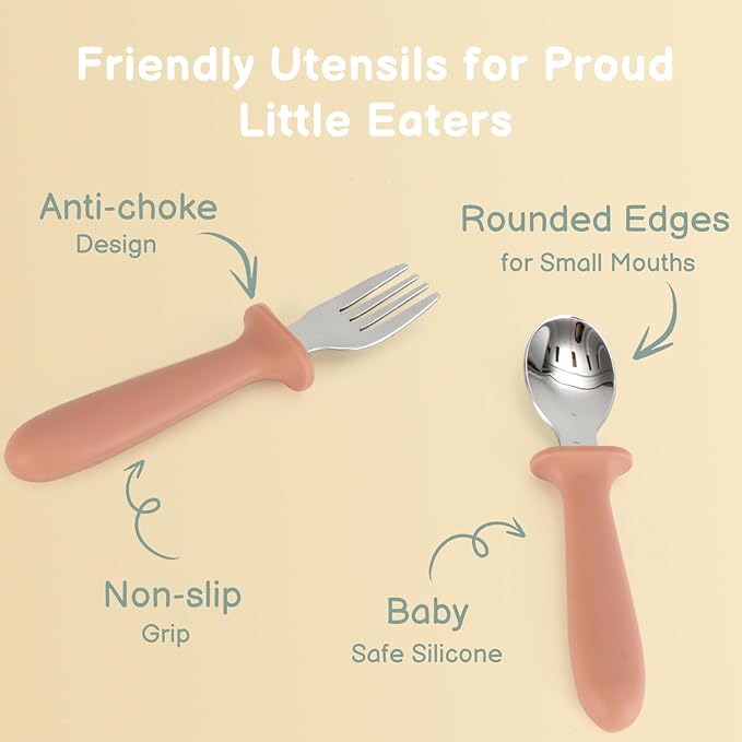 6 Pack Toddler Utensils, kids Silverware with Silicone Handle, 18/8 Stainless Steel Children Safe Spoons and Forks Set Baby Feeding Essentials, Dishwasher Safe