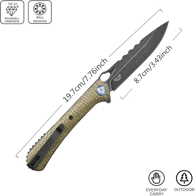 Sitivien ST145 Folding Pocket Knife,Black Stonewashed 14C28N Steel Blade,Micarta Handle EDC Tool Knife for Outdoor Survival,Camping,Hiking,Hunting(Green) …