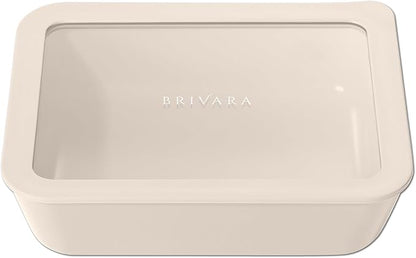 Ceramic Coated Glass Food Storage Container | No PTFE, PFOA, PFAS, and BPA | Reusable Non Toxic Meal Prep Container with Glass Lid | Easy To Store | 6 Cup Rectangle [Crema]