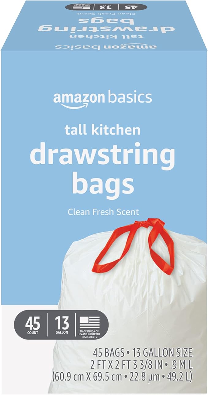 Amazon Basics Tall Kitchen Drawstring Trash Bags, Clean Fresh Scent, 13 Gallon