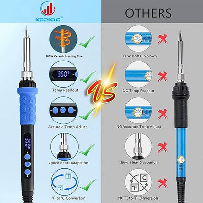 Soldering Iron Kit, 100W High Power LCD Soldering Iron, 2 Helping Hands Soldering, Flux, Iron Tips, Tin Wires, Solder Sucker, Tweezers. °C/℉ Conversion, Auto Sleep，Temperature Calibration