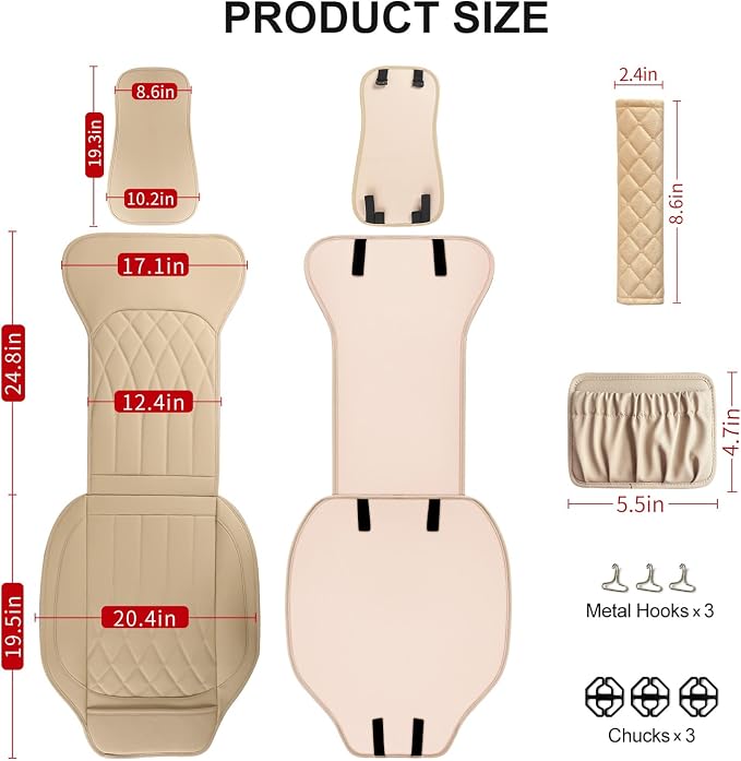 1 Pack Leather Front Car Seat Cover, Universal Sideless Car Seat Protector with Storage Pocket and Seat Belt Pad, Waterproof Automotive Seat Cover Cars Trucks SUV(Beige)