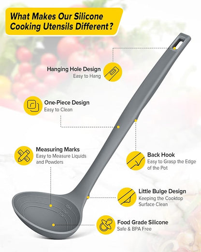 Silicone Pasta Fork and Soup Ladle Set, Heat Resistant Non Stick Kitchen