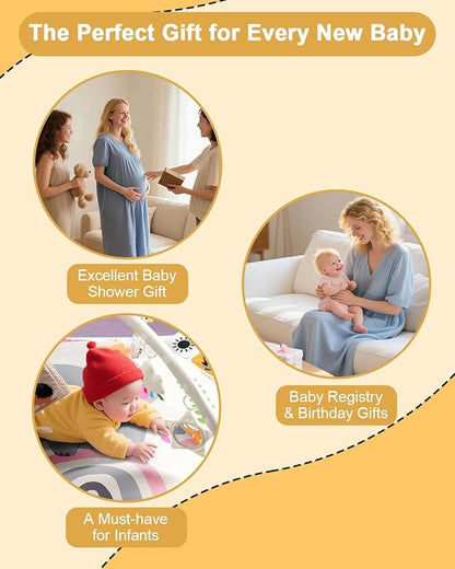 Baby Play Gym with 4 Developmental Zones – Tummy Time Mat & Activity Mat with 6 Sensory Toys, Visual Cards & Pillow – Baby Essentials & Ideal Gift for Newborns