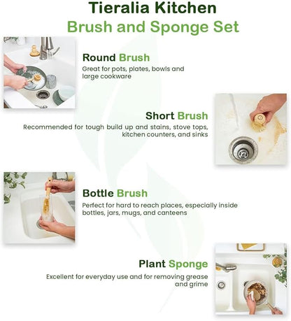 Tieralia Bamboo Dish Brush Gift Set – 5-Piece Kitchen Cleaning Set