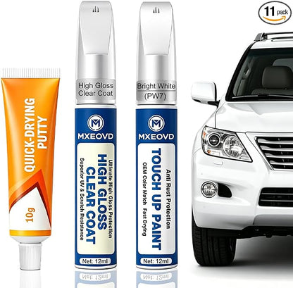Bright White PW7 Touch Up Paint Compatible with Jeep, All in One Car Scratch Repair Kit with Primer Putty & Clear Coat, Complete Sanding Tools Set for Scratches Chips Nicks