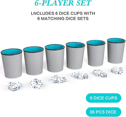 Felt-Lined PU Leather Dice Cup Set, 6 Quiet Dice Shaker Cups with 36 Dices for Bar Party Yahtzee Farkle Dice Games, Grey and Blue