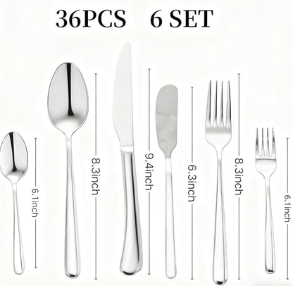36 Piece Silverware Set with Placemat,MASALACO 6-Piece Stainless Steel Cutlery Set-Knife Fork Butter Knife and Spoon,Mirror Finish,Suitable for Home Restaurant Hotel Kitchen Utensils,Dishwasher Safe