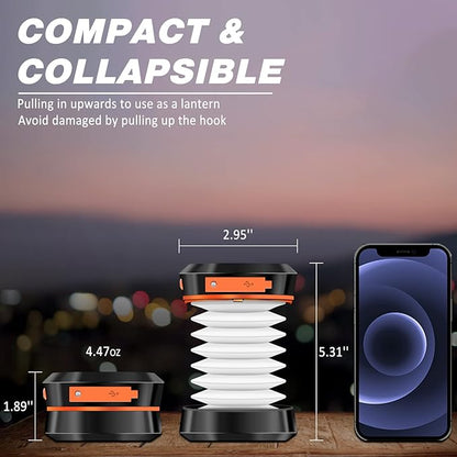 2-Pack Folding Solar Camping Lantern Flashlights, DIBMS Mini Collapsible USB Rechargeable Waterproof Hanging Light Power Bank for Camping Hurricanes Emergency Power Outages Indoor Outdoor