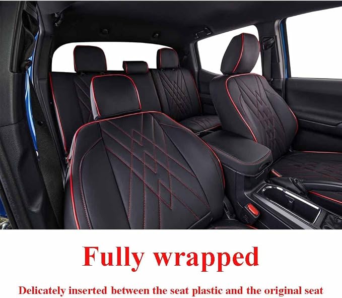 EKR Custom Fit Tacoma Front Car Seat Covers for Toyota Tacoma 2016 2017 2018 2019 2020 2021 2022 2023 Double Cab/Access Cab - Front Row Only, Faux Leather(Black with Red Trim)