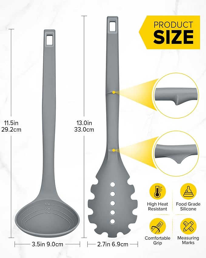 Silicone Pasta Fork and Soup Ladle Set, Heat Resistant Non Stick Kitchen