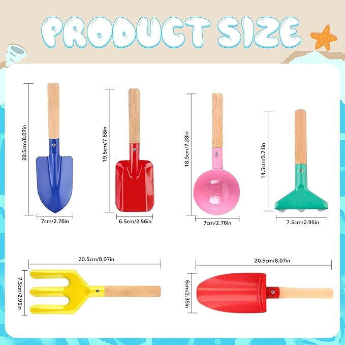 Beach Toys, 6 Pcs Children Beach Sand Toys, 8'' Kids Gardening Set Metal Garden Tools with Sturdy Wooden Handle,Safe Kids Shovel with Cylinder, Spoon, Fork, Rake, Flat Shovel & Pointed Shovel
