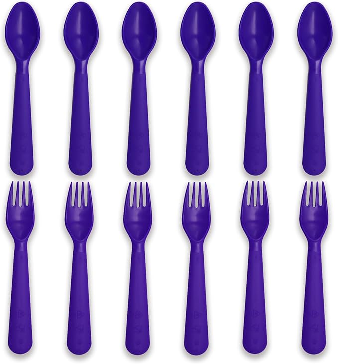 12 Pcs Kids Spoons and Forks Toddler Utensils Plastics Reusable Silverware Baby Cutlery Set Feeding Dinnerware Utensils BPA Free Microwave Dishwasher and Freezer Safe- Purple