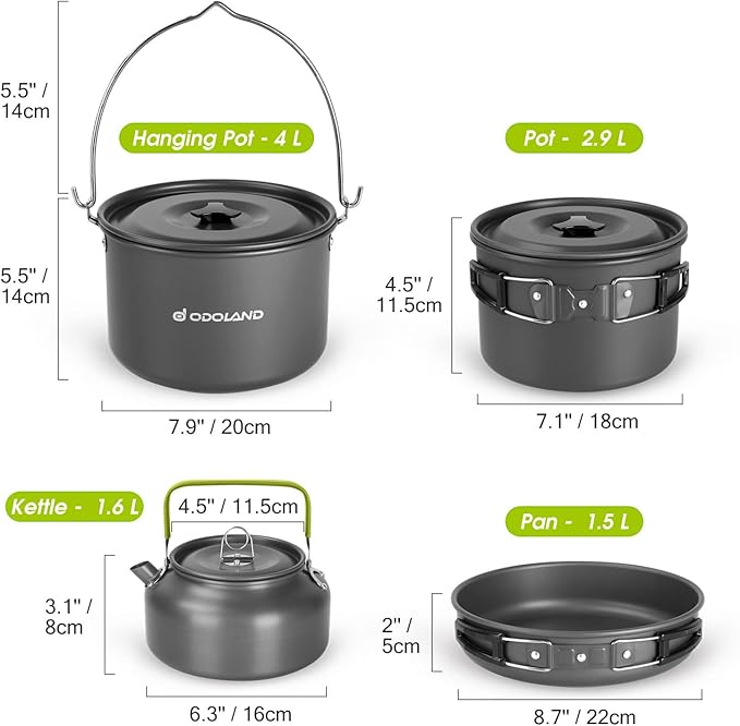 Odoland 39pcs Camping Cookware Mess Kit, Non-Stick Large Size Hanging Pot Pan Kettle with Base Dinner Cutlery Sets for 6 and More, Cups Dishes Forks Spoons Kit for Outdoor Camping Hiking Picnic