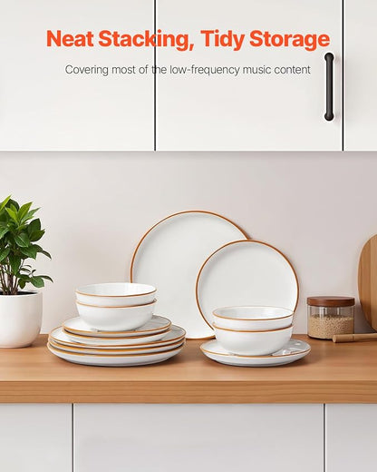 VEVOR Dinnerware Set, Service for 4 (12 PCS), Round Plates and Bowls Sets, Scratch Resistant Ceramic Dinner Ware, Dishwasher and Microwave Suitable Kitchen Dish, for Dessert Salad Soup Pasta, White