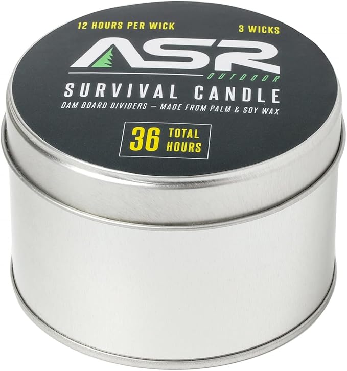 ASR Outdoor 36 Hour Camping Survival Emergency Light Wax Candle Fire Starter in Portable Tin Box, 3 Wick