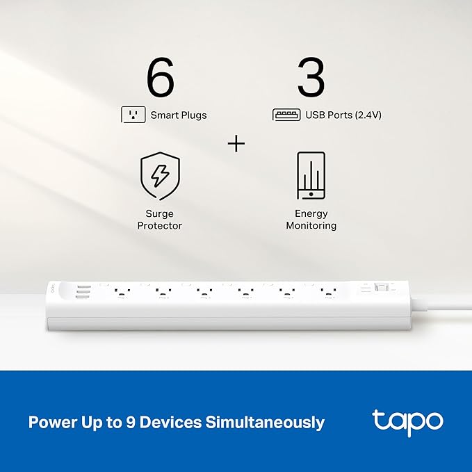 Tapo Smart Wi-Fi Power Strip- 6 Individually Controlled Smart Outlets and 3 USB