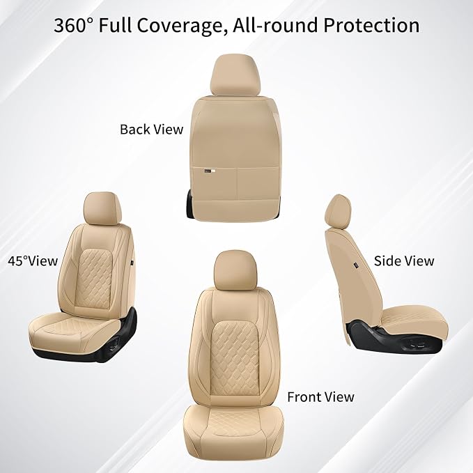 Huidasource F250 Front Seat Covers, 360° Full Coverage Leather Car Seat Protector Fit for Ford F150 2015-2025&F250 F350 F450 2017-2025 All Cab XL XLT Lariat King Ranch Platinum (Front Pair/Beige)
