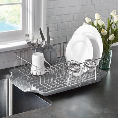 Farberware Classic 3-Piece Dish Drying Rack Set, Gray - Rust-Resistant Dish Rack for Kitchen Counter with Self-Draining Board and Flatware Caddy