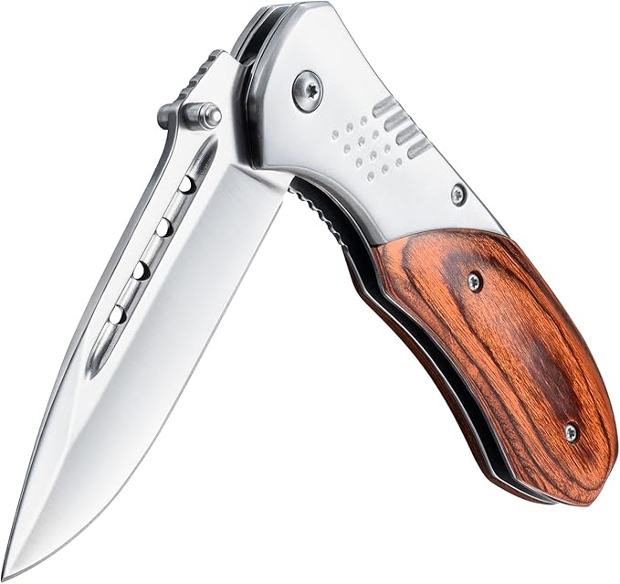 Pocket Knife for Men - 2.98" Sharp Blade Wood Handle Pocket Folding Knives with Clip, Glass Breaker - Small EDC Knives for Survival Camping Hunting Fishing Hiking Women, Silver