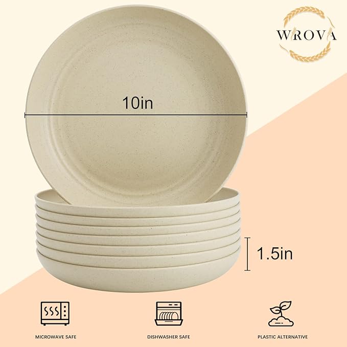 Wrova Wheat Straw Dinner Plates Set of 8 - 10 Inch Unbreakable, Dishwasher & Microwave Safe, Lightweight for Kitchen, R.V. (Beige)