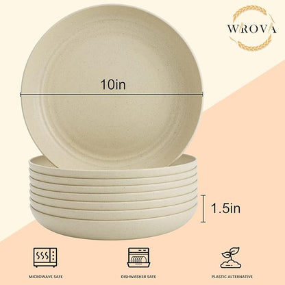 Wrova Wheat Straw Dinner Plates Set of 8 - 10 Inch Unbreakable, Dishwasher & Microwave Safe, Lightweight for Kitchen, R.V. (Beige)