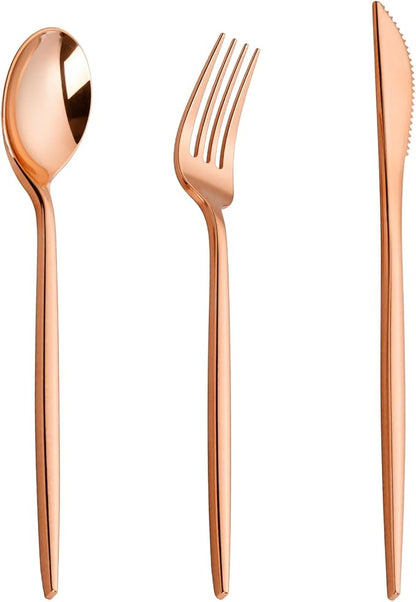 PULOTE 150PCS Rose Gold Plastic Silverware Set - Heavy Duty Rose Gold Utensils - Plastic Cutlery Disposable - Include 50 Forks, 50 Knives, 50 Spoons for Party & Wedding