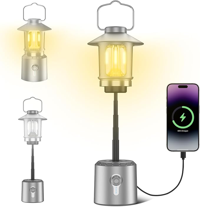 Camping Lantern Rechargeable, 8000mAh Power Bank, Telescopic Tent Light with 360° Lighting, Dual Light Source (LED & Vintage Filament), 3 Light Modes (2000K-6500K) Tent Lamp for Camping, Emergency
