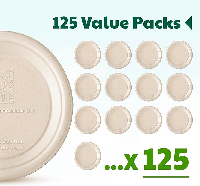 100% Compostable Paper Plates, 9 Inch, 125 Count, Biodegradable Bagasse Plates, Heavy Duty Disposable Plates Bulk for Party | Microwave-Safe | Soak-Resistant, Cut Resistant