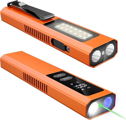EDC Flashlight 4 in 1 Pocket Magnetic Slim Flat Flashlight High Lumens Work Light with Green Beam & UV Light & Warning Light Combo EDC Rechargeable LT-010 (Orange Color)