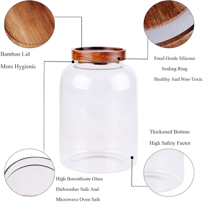 Large Glass Food Canisters, 66 FL OZ(1950ml) Kitchen Serving Stoarge Container with Airtight Acacia Lids, Cereal Dispenser Jars for Spaghetti Pasta, Powder, Spice, Tea, Coffee(7.6inch high)
