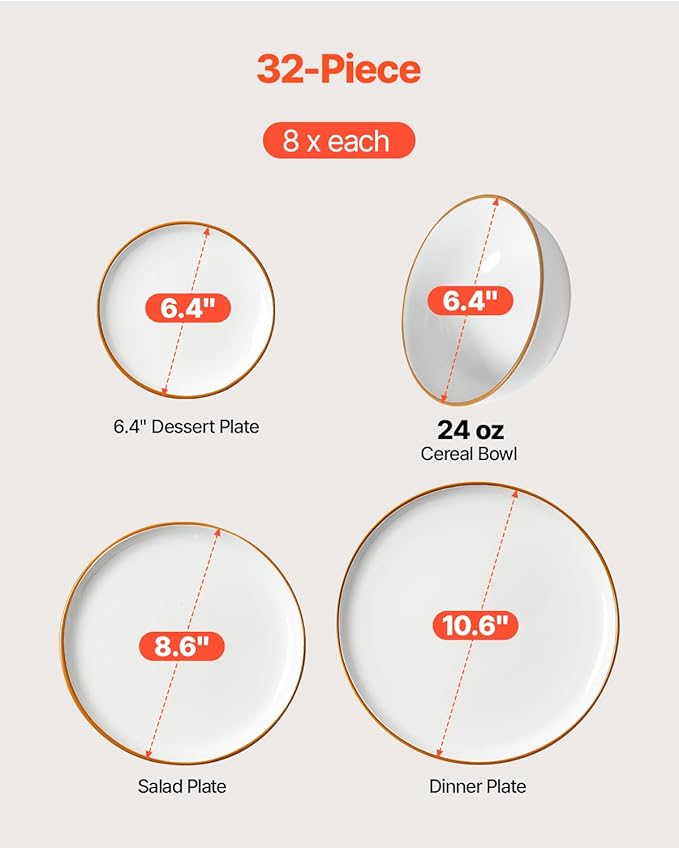 VEVOR Dinnerware Set, Service for 8 (32 PCS), Round Plates and Bowls Sets, Scratch Resistant Ceramic Dinner Ware, Dishwasher and Microwave Suitable Kitchen Dish, for Dessert Salad Soup Pasta, White