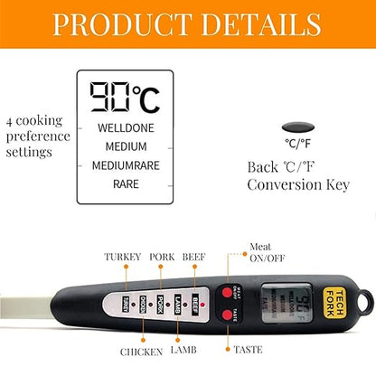 Digital Meat Thermometer Fork, Fast Read Grill Thermometer with LED Display and Stainless Steel Probes for Steak Chicken Pork Turkey Hot Grilled Food for Men Him Dad