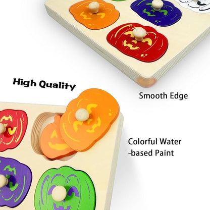 Pinkiwine Halloween Pumpkin Wooden Peg Puzzles Montessori Educational Toys for Kids Toddlers Halloween Toys Party Favors Treat Bags Gifts