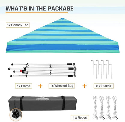 EAGLE PEAK 10x10 Slant Leg Pop-up Canopy Tent Easy One Person Setup Instant Outdoor Beach Canopy Folding Portable Sports Shelter 10x10 Base 8x8 Top (Green Blue Stripe)